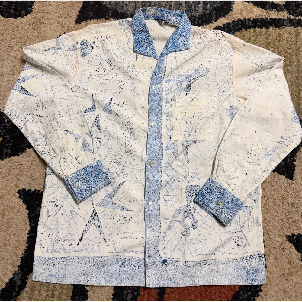 Vintage Tahiti Art Mens Blue White Abstract Splatter Print Button Down Shirt L